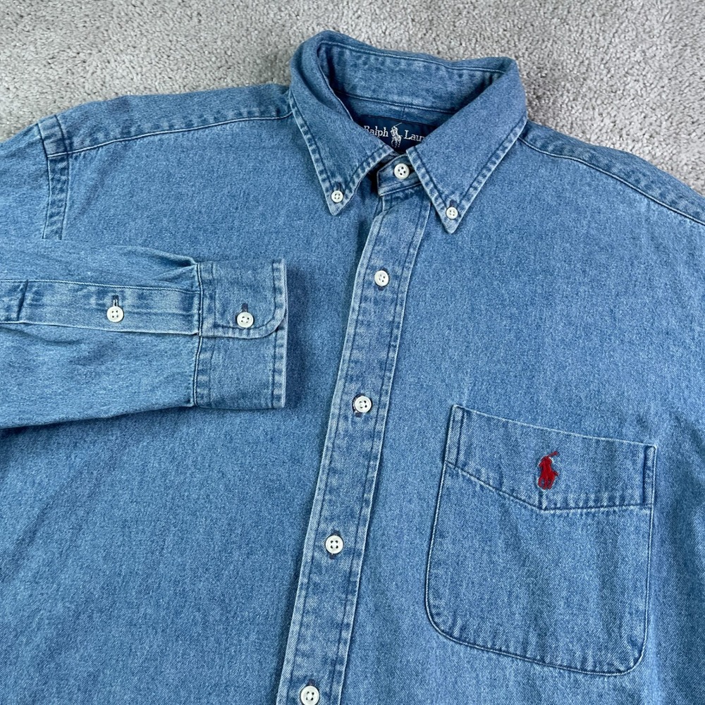 Vintage Ralph Lauren Shirt Mens Small Blue Denim Big Shirt Classic NBC Olympics